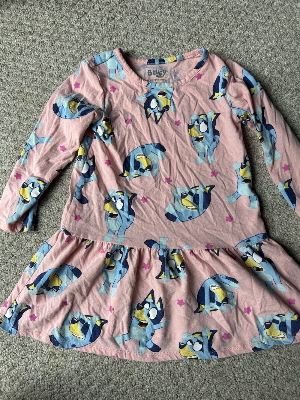 Pink Bluey Long Sleeve Ruffle Dress - Pink & Blue